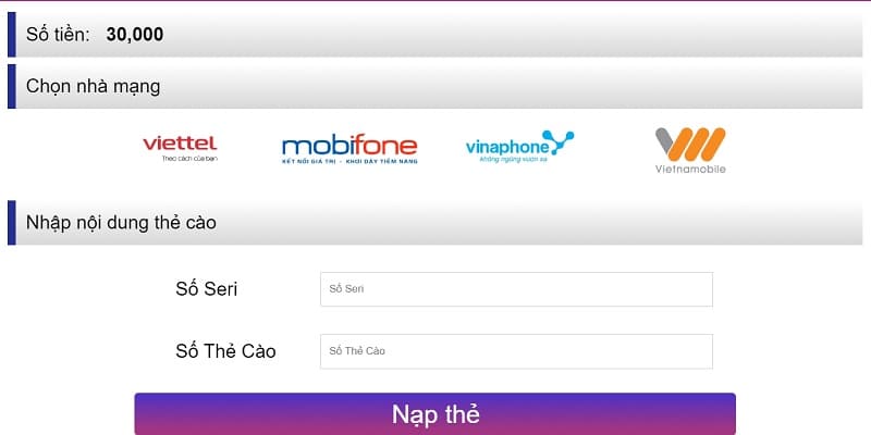 Quy trình nạp tiền 333666 từng phương thức